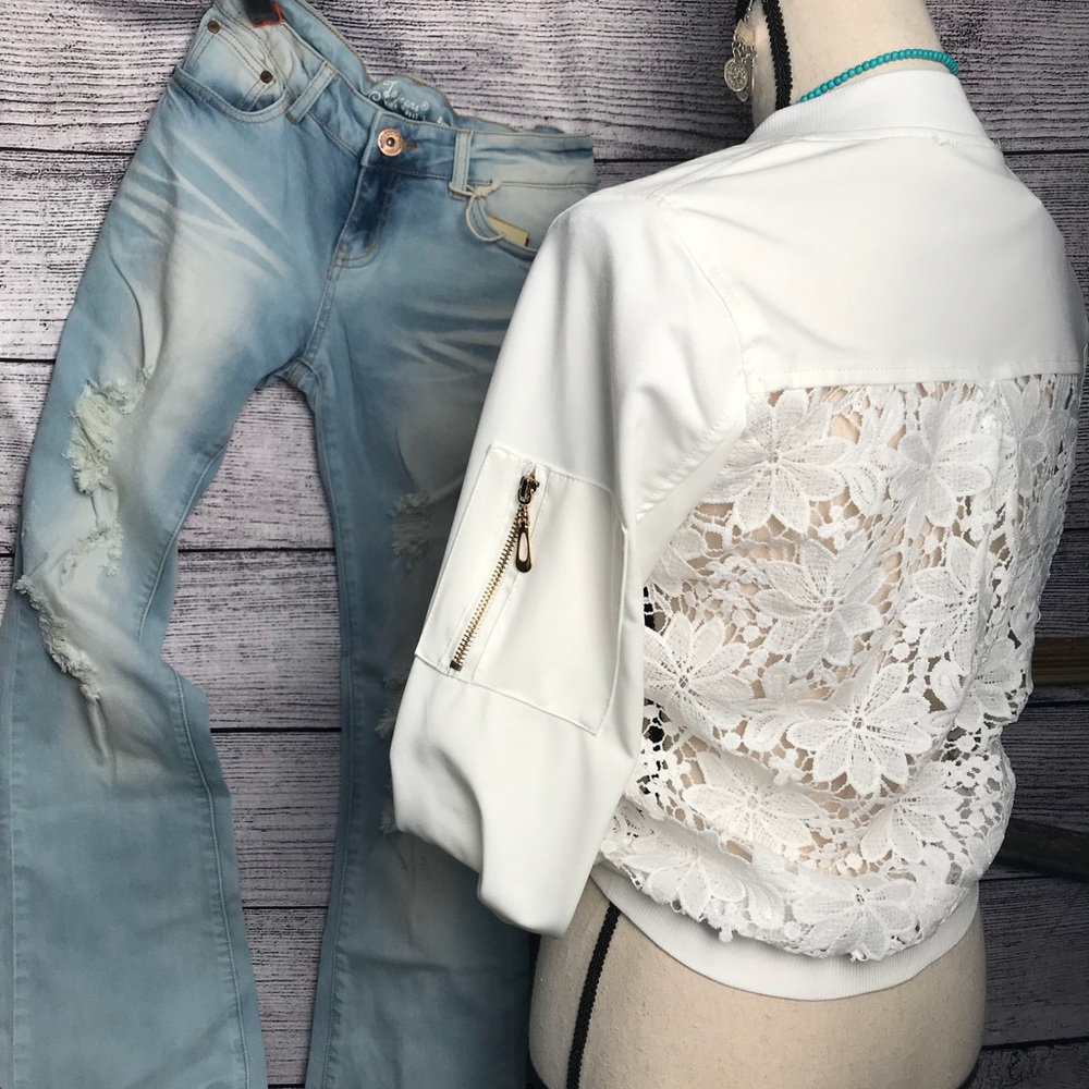 White Flower Open Lace Back Bomber - Picture 5 of 8